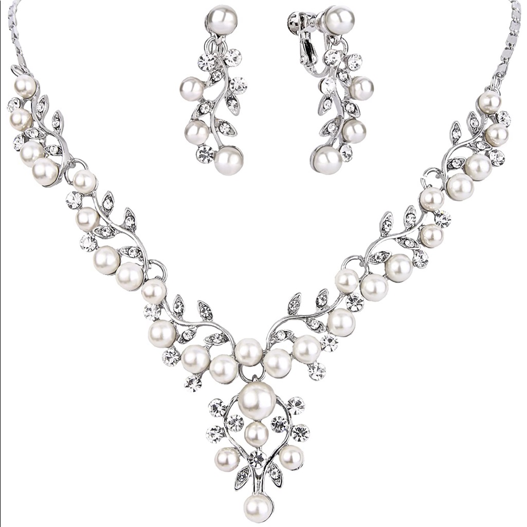 Crystal Simulated Pearl Necklace/Earring Set